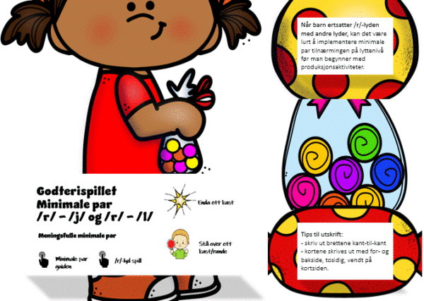 Minimale par spill med godteritema, /r/ - /j/ og /r/ - /l/
